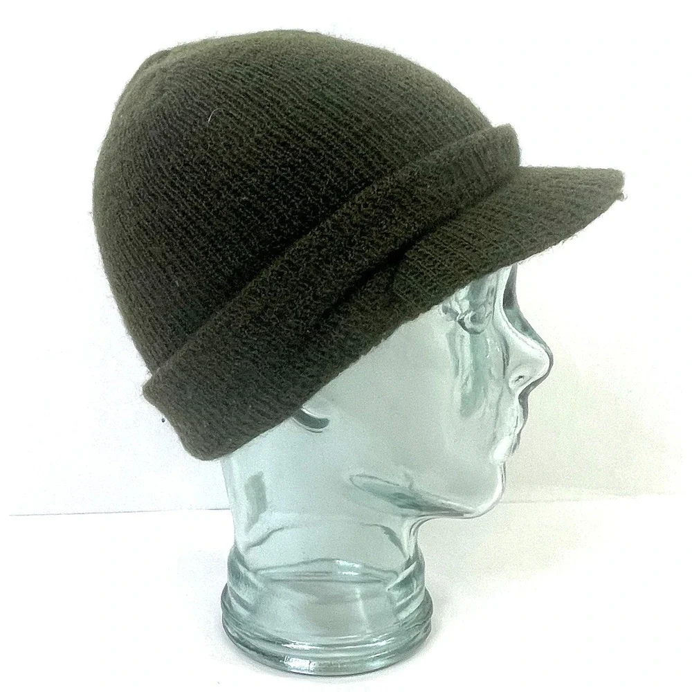US Army Wool Watch Cap Green‎ Knit Visor Hat Beanie Vintage 80s Made in USA